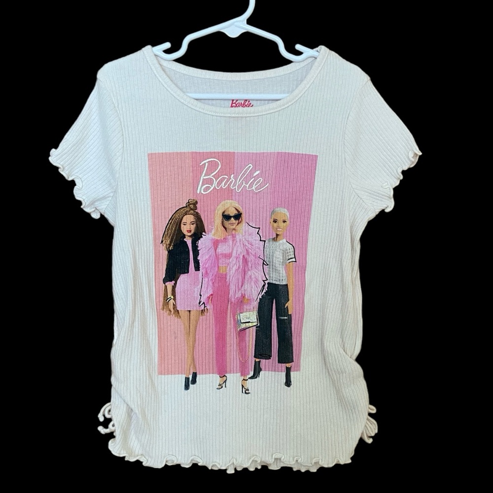 Barbie Off-White Ribbed top w/Bows at Waist - embroidered letters - Size 8 - EUC